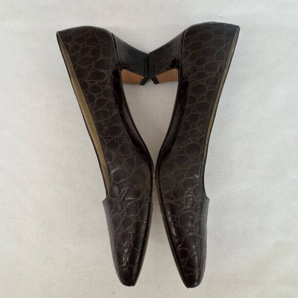 Salvatore Ferragamo Brown Croc Embossed Leather Low Heel Pumps Women 8 AAA - Picture 5 of 16